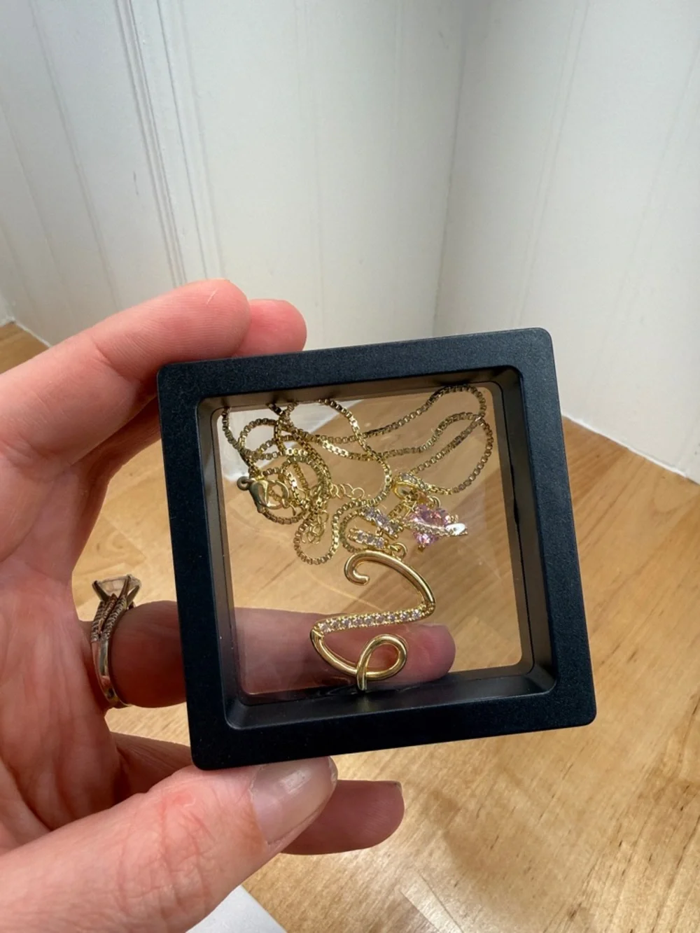 Gold Initial 'Z’ Pendant Necklace with Pink Crystal Planet Charm - Picture 3 of 3